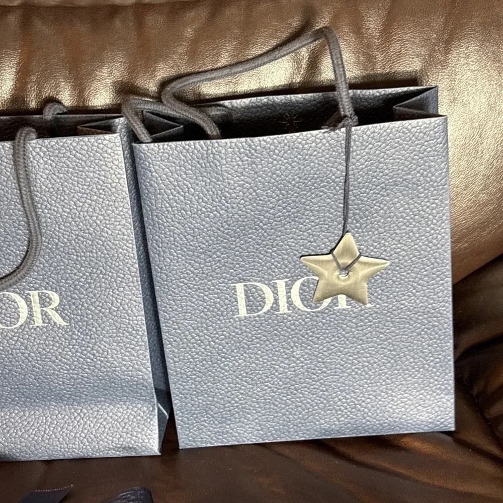 2 DIOR Pebbled Cotton Navy Blue Shopping Paper Bag, Ribbon, Star